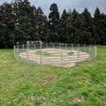 Assembled round horse yard pen with sandy arena floor, in a grassy paddock with trees behind.