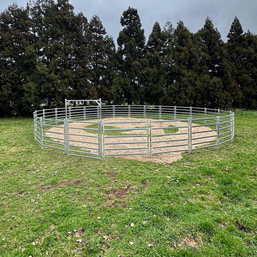 Assembled round horse yard pen with sandy arena floor, in a grassy paddock with trees behind.