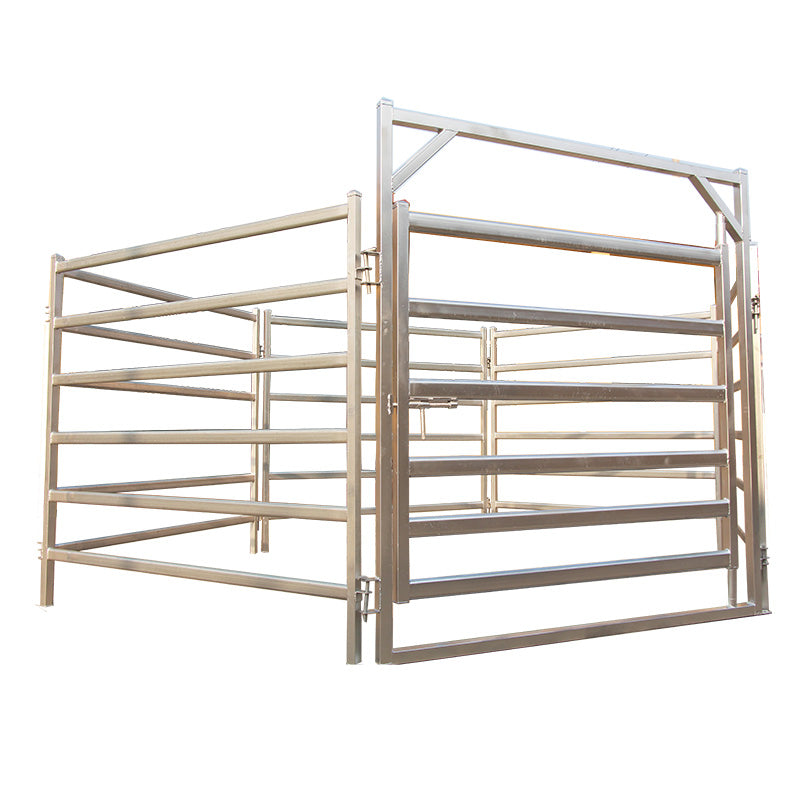 Product render of a corner section of yard panels with a gate, on a white background.