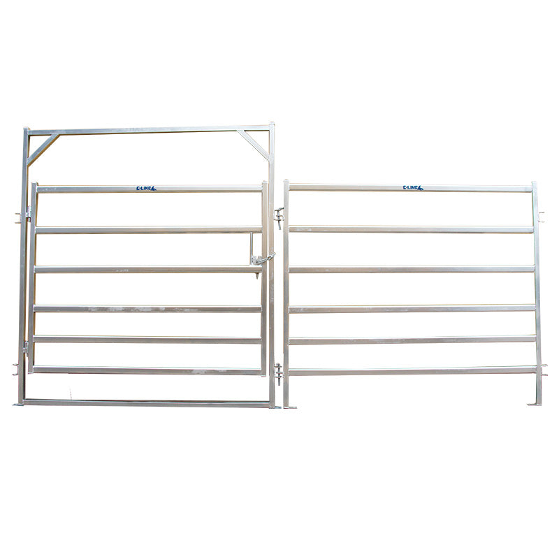 Product render of a yard gate panel next to a standard panel, front view on a white background.